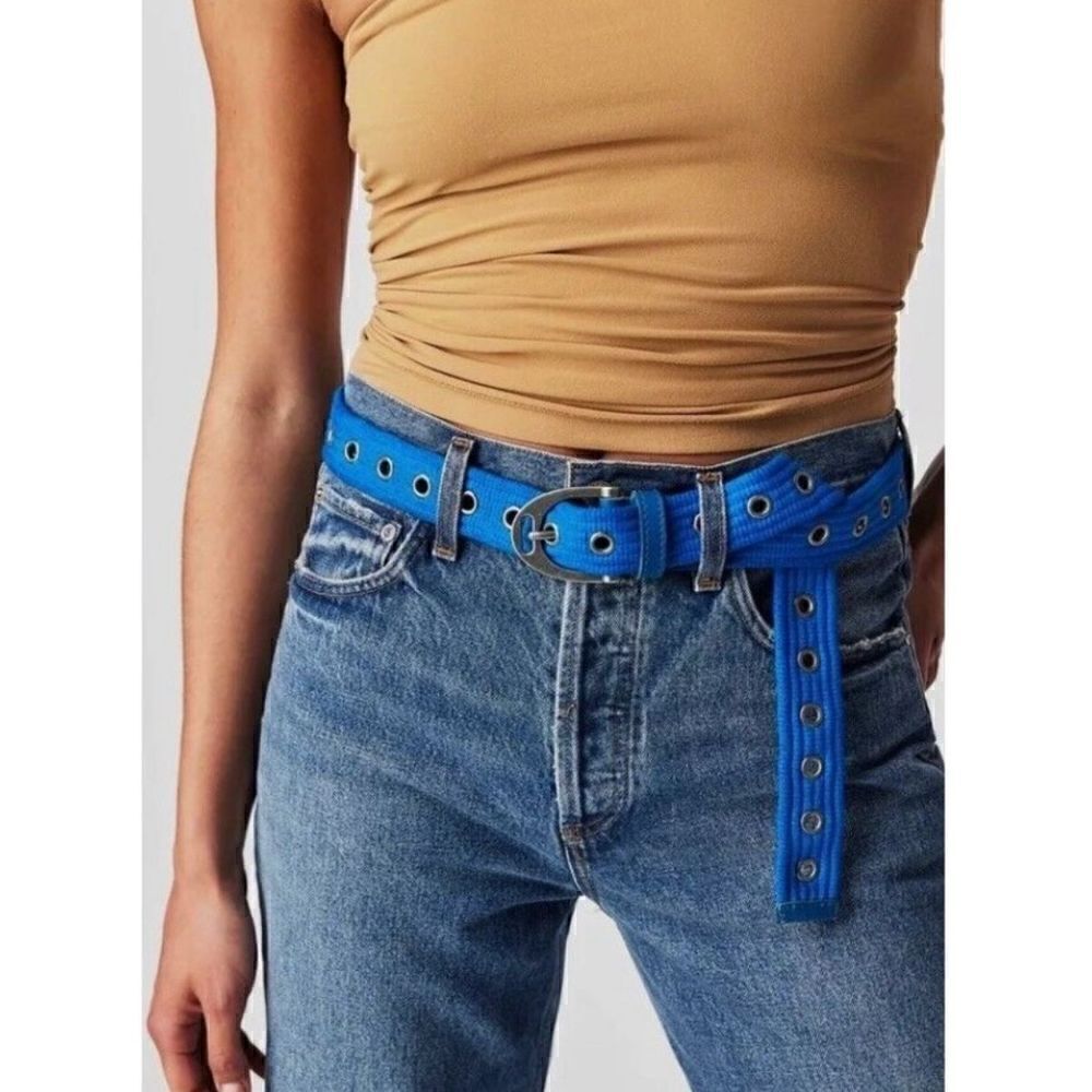 Free people Avril grommet leather woven belt cobalt blue S/M new